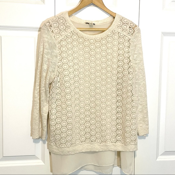 Lucky Brand Ivory Lace Chiffon Split Back Sweater Eyelet Medium - Picture 4 of 8